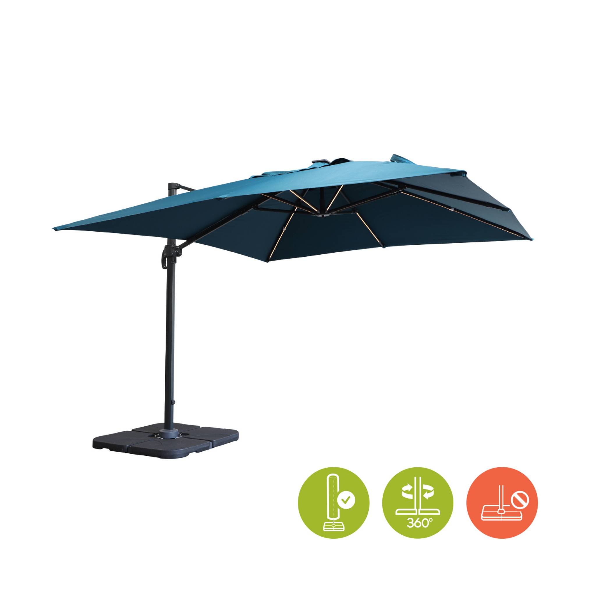 Parasol déporté solaire LED 3x3m Luce bleu canard avec lumière intégrée + housse