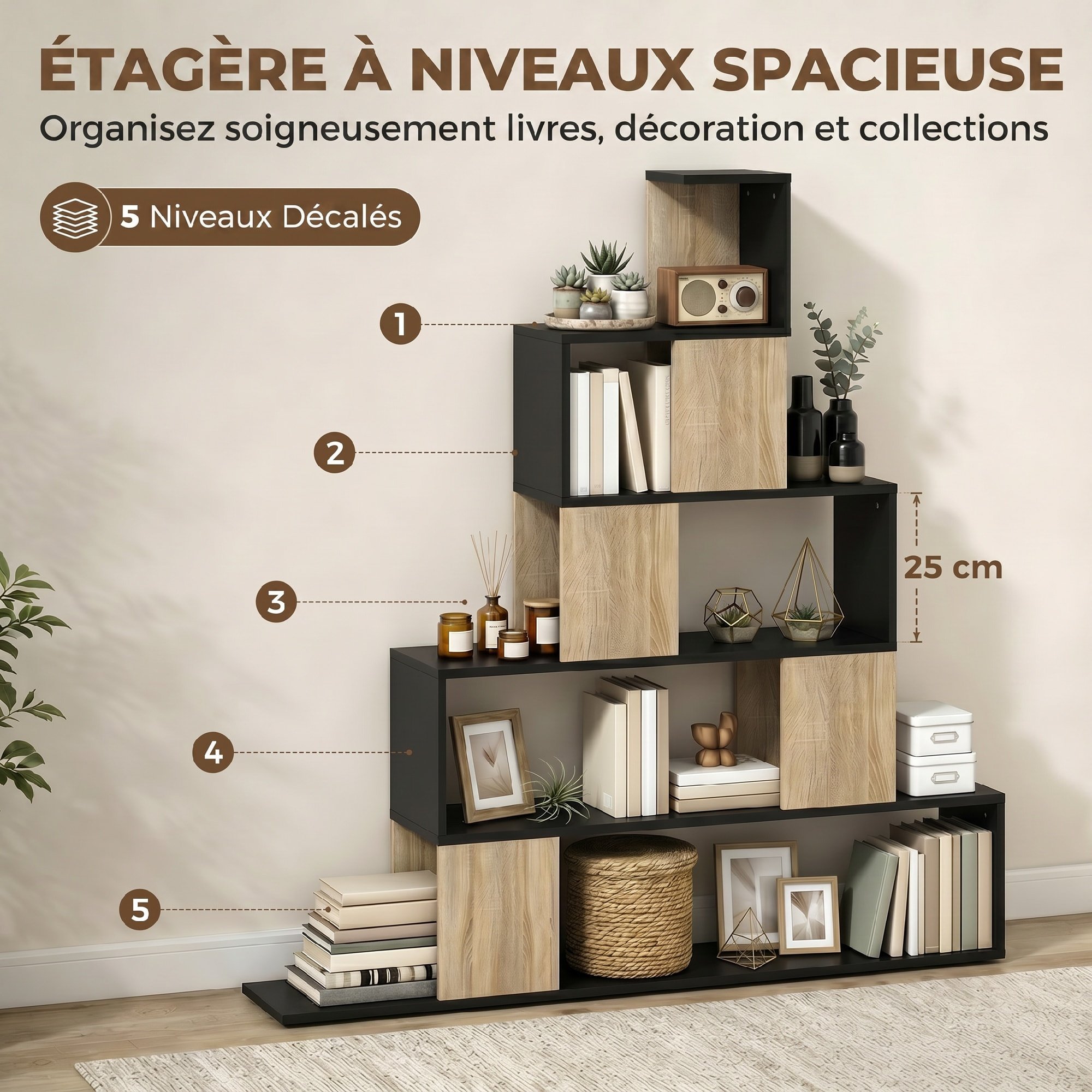 Bibliothèque géométrique pyramidale 5 niveaux effet bois naturel noir