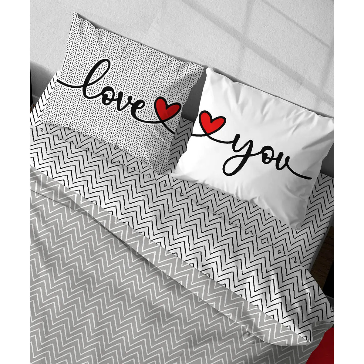 Parure Copripiumino Happy Love You per letto singolo in 100% Cotone e Made in Italy, zig zag moderno