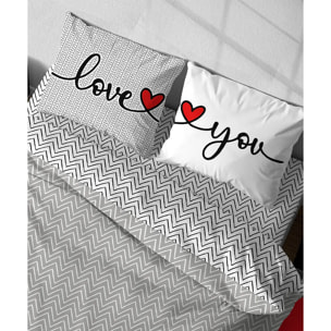 Parure Copripiumino Happy Love You per letto singolo in 100% Cotone e Made in Italy, zig zag moderno