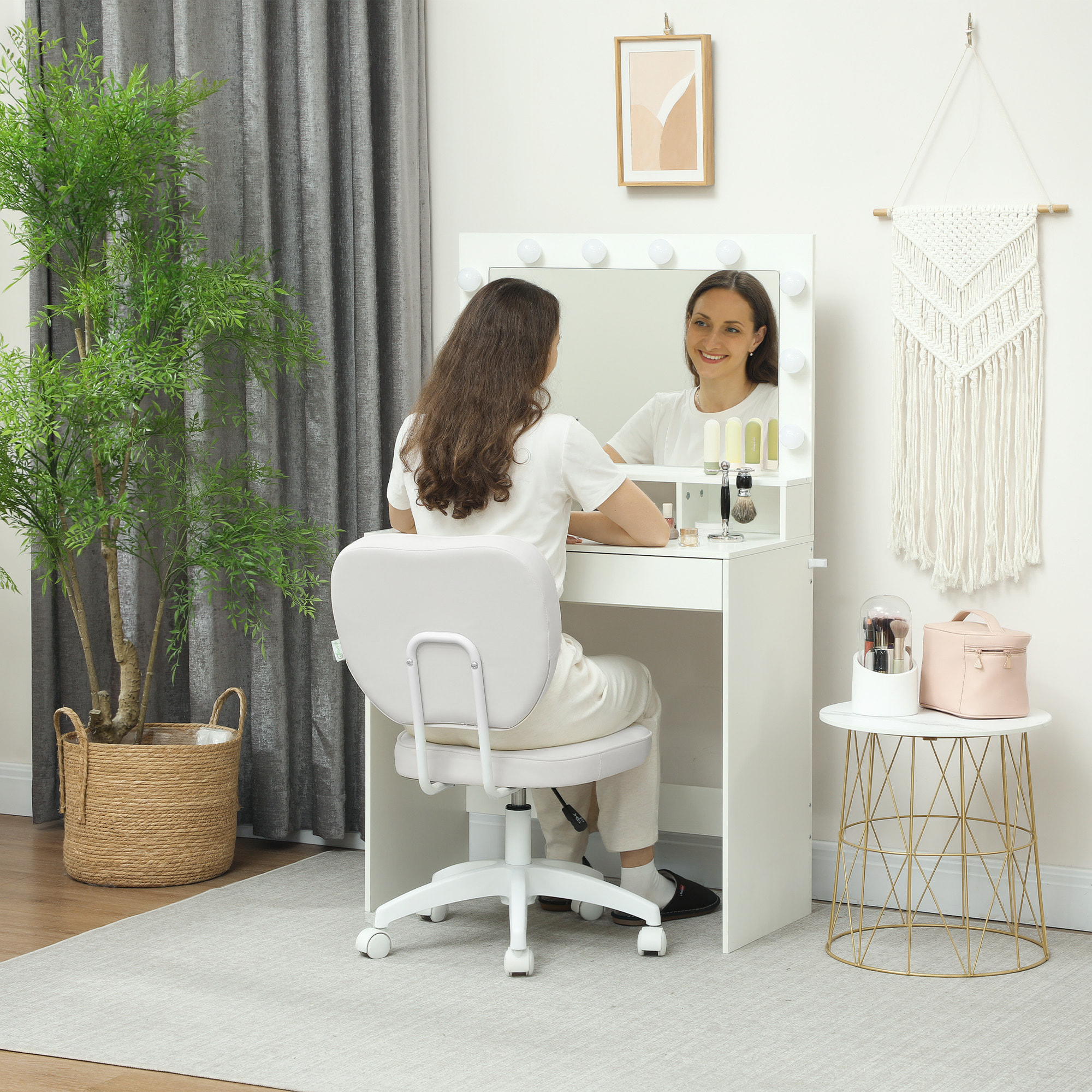 Silla de Escritorio Tapizada en PU Silla de Oficina Giratoria con Altura Ajustable sin Brazos Carga 120 kg para Estudio Dormitorio 46x59x82-92 cm Blanco