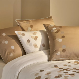 Taie d'oreiller satin de coton brodé beige Hexagones angora