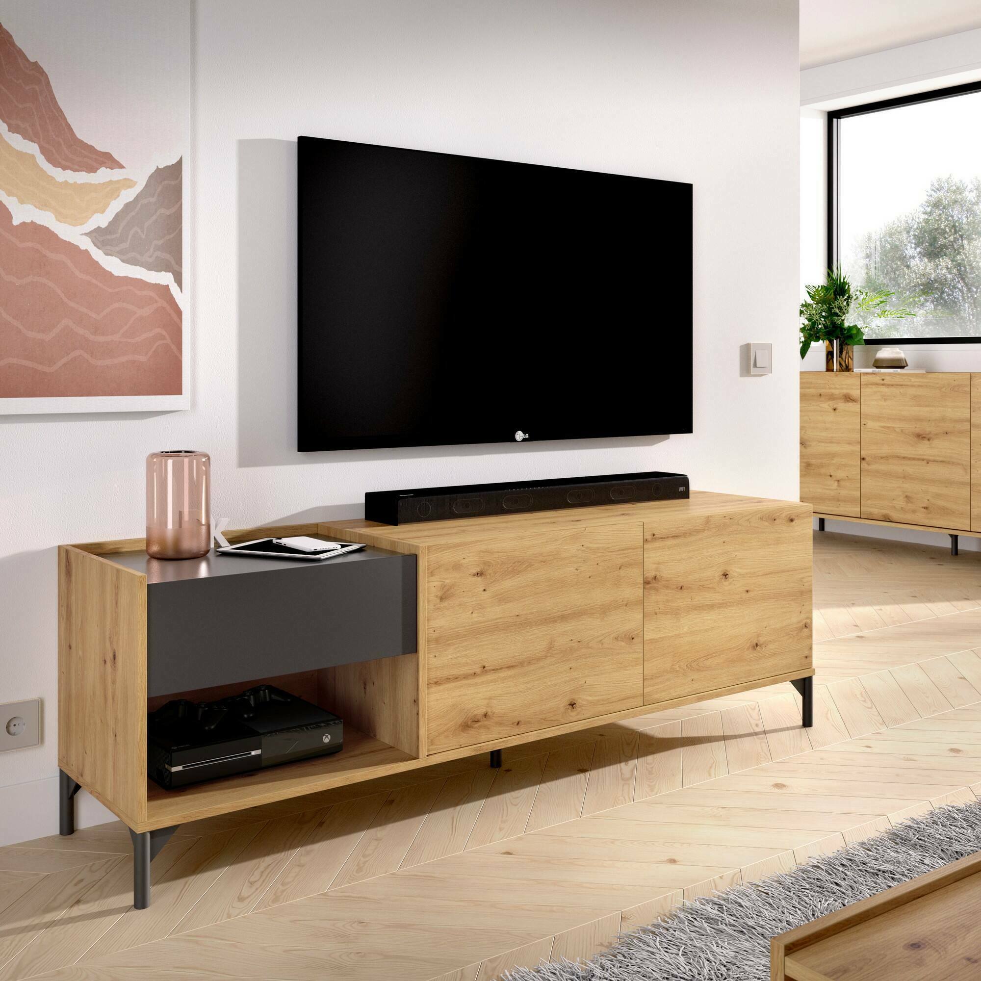 Mobile porta TV Cengalo, Credenza bassa da soggiorno, Madia da salotto per televisione, 164x39h49 cm, Rovere Nodi e Antracite