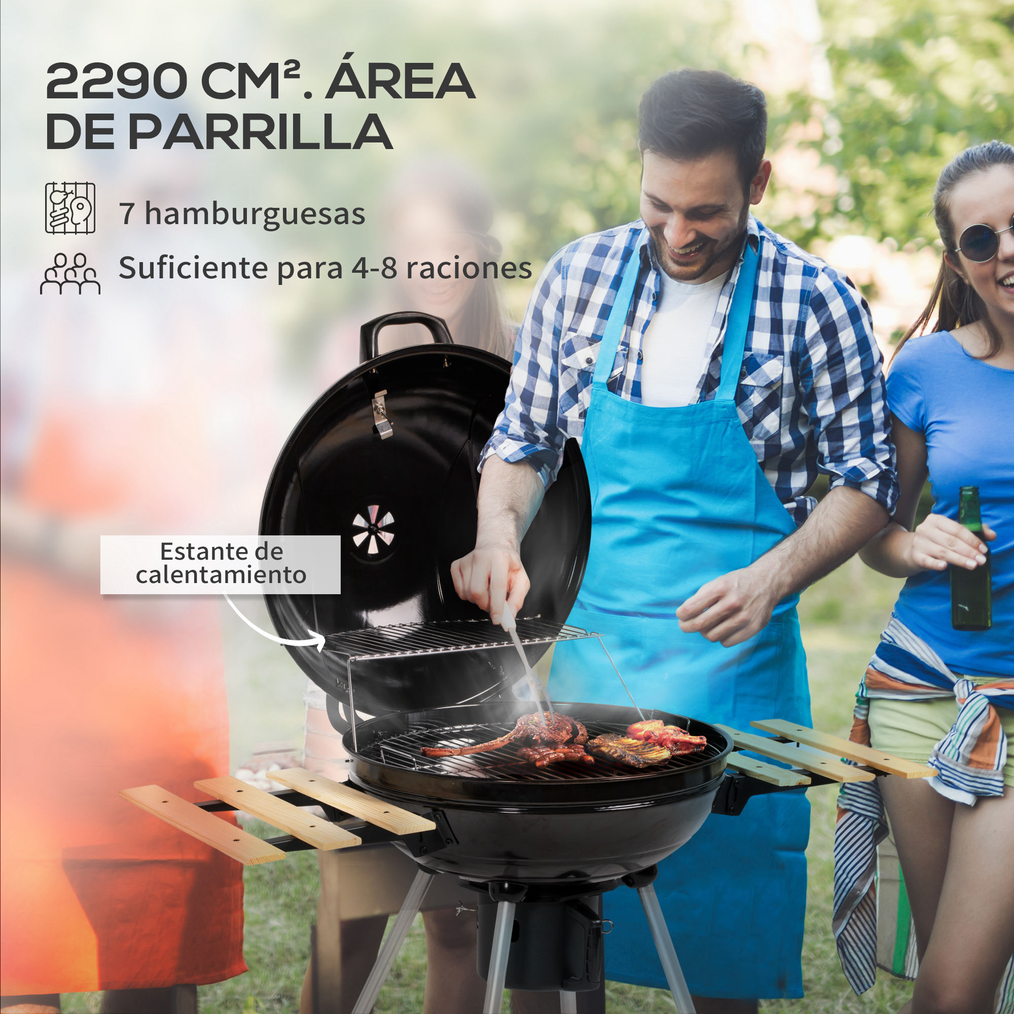 Barbacoa de Carbón Barbacoa Portátil con 2 Ruedas Estantes Plegables Termómetro y Parrilla Metálica para Pícnic Camping 117x68x91 cm Negro