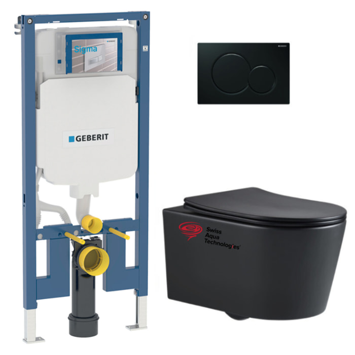 Pack WC sans bride SAT Noir mat + Abattant softclose + Bâti support Geberit Extra-plat UP720 + Plaque Noir brillante