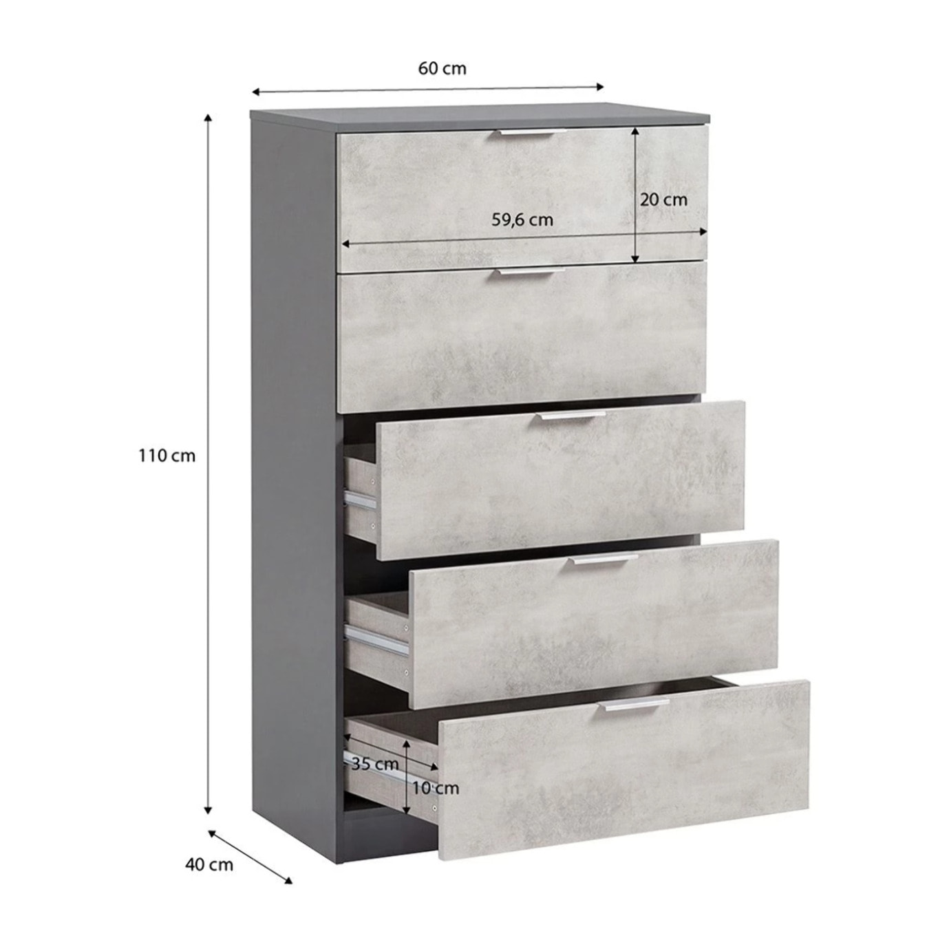 Cómoda alta de 5 cajones en gris grafito y gris cemento 60x110 cm Akari Gris Grafito - Gris Cemento