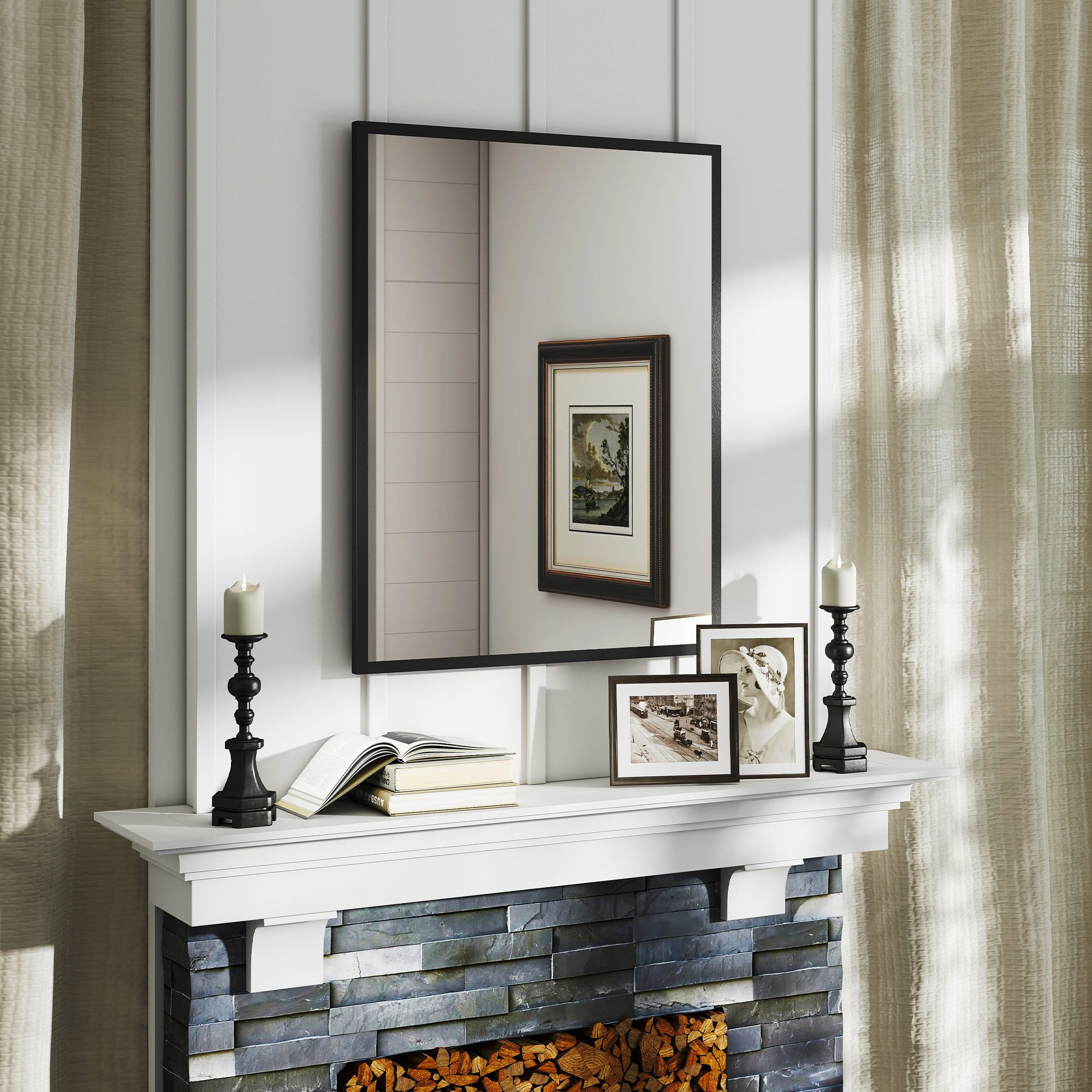 Miroir mural rectangulaire dim. 70L x 90H cm cadre MDF noir