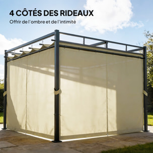 Pergola 3x3m toit rétractable 4 rideaux UV30+ métal noir beige