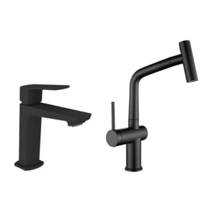 Feel set mitigeur lavabo + mitigeur cuisine Ceramia Timeless acier inoxydable, douchette extractible, noir mat (SATBM185C)