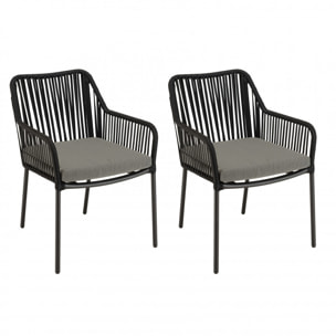 MALO - SALON DE JARDIN 2 PERS. - Table carrée 70x70cm et 2 fauteuils gris et noirs en cordage