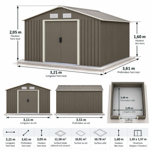 Abri de jardin métal gris/vert 10,91 m² + kit d'ancrage
