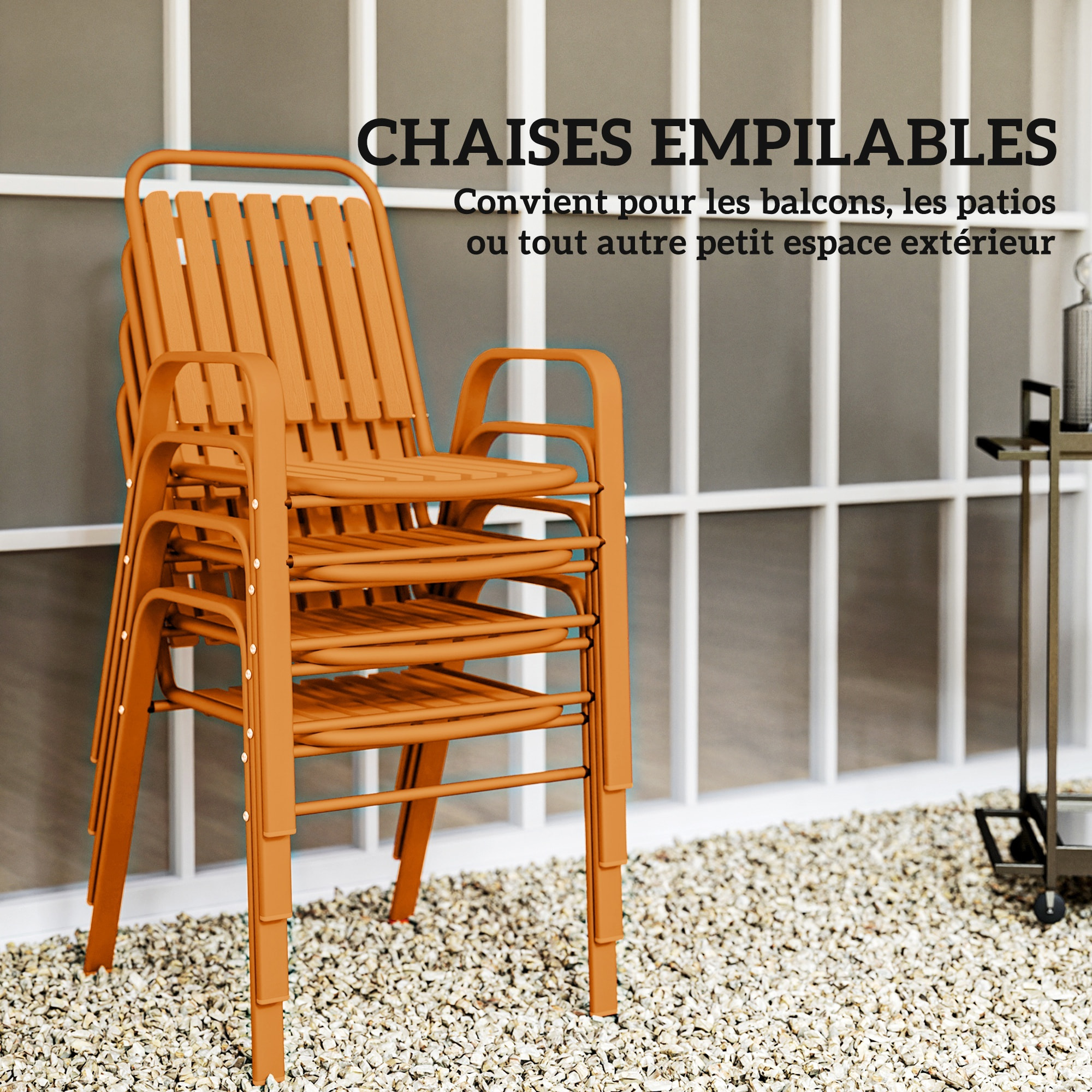 Salon de jardin extérieur 4 places 5 pièces - chaises empilables - plateau effet bois acier orange