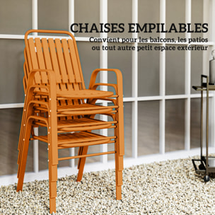 Salon de jardin extérieur 4 places 5 pièces - chaises empilables - plateau effet bois acier orange