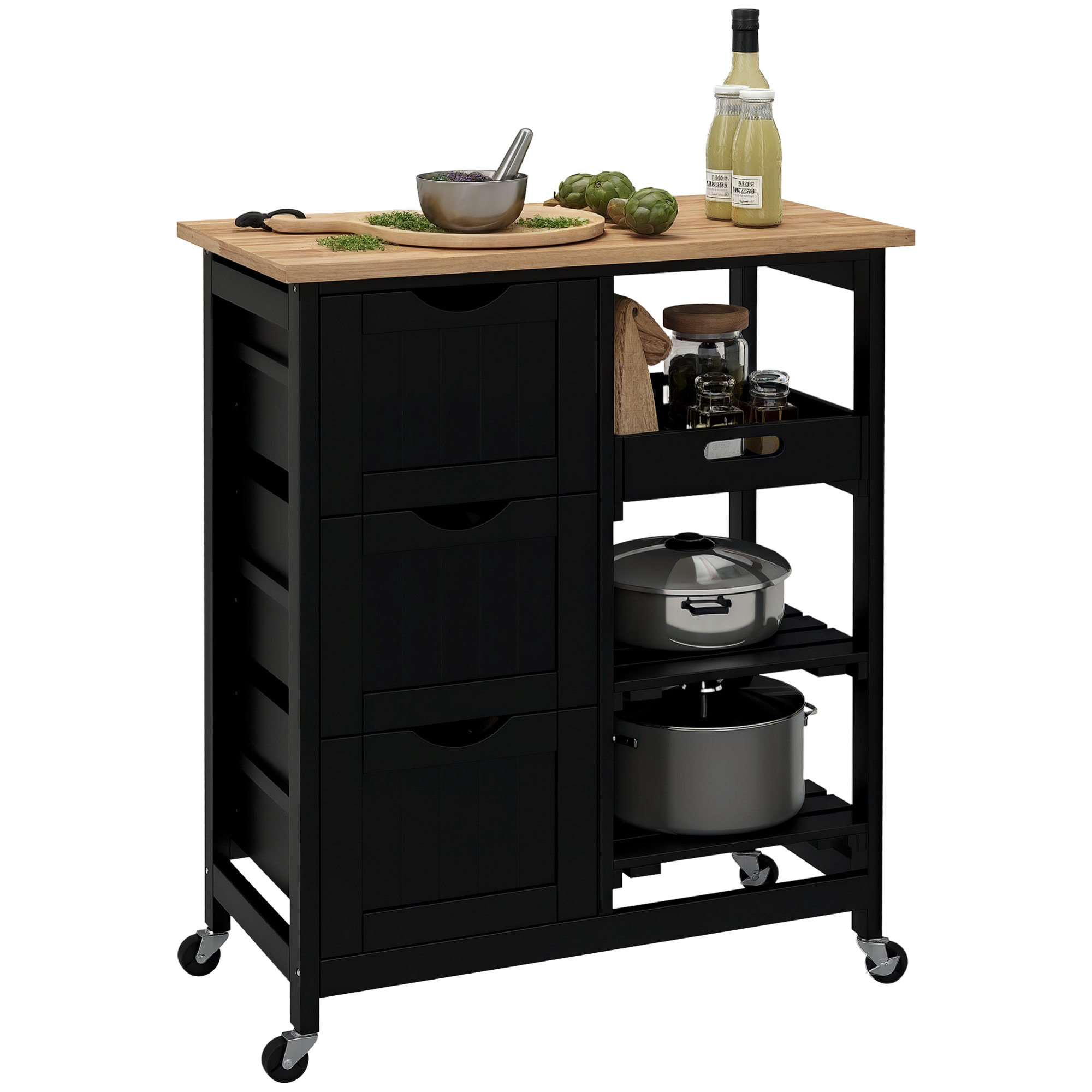 Carro de Cocina, Carrito Auxiliar con Ruedas, Tablero de Madera, 3 Cajones, 2 Estantes Abiertos y Bandeja Extraíble, para Comedor Salón, 67x37x85,5 cm, Negro