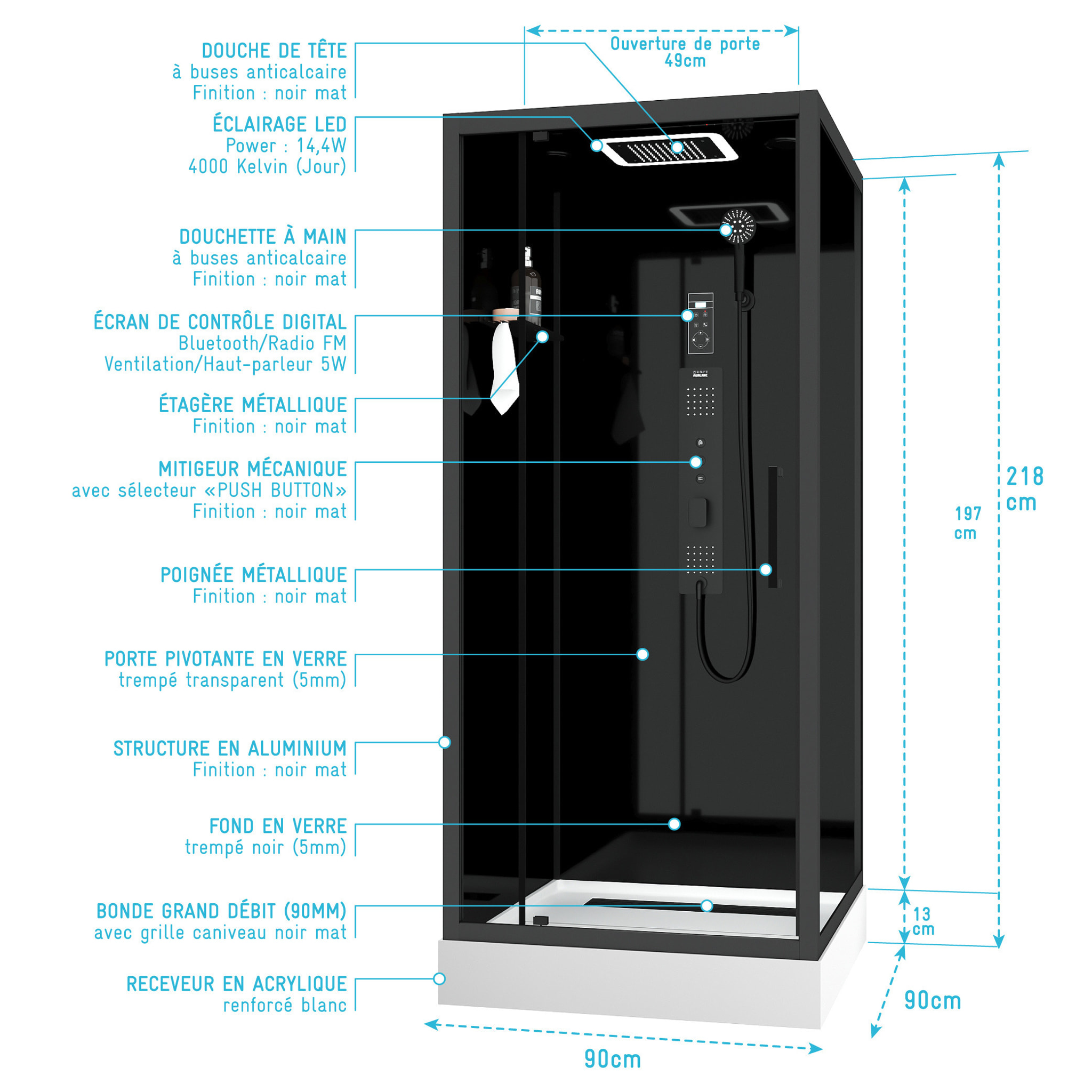Cabine de douche Carrée Hydro 90x90x218 cm - Porte Pivotante - Fond & Profilés Noir Mat