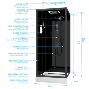 Cabine de douche Carrée Hydro 90x90x218 cm - Porte Pivotante - Fond & Profilés Noir Mat