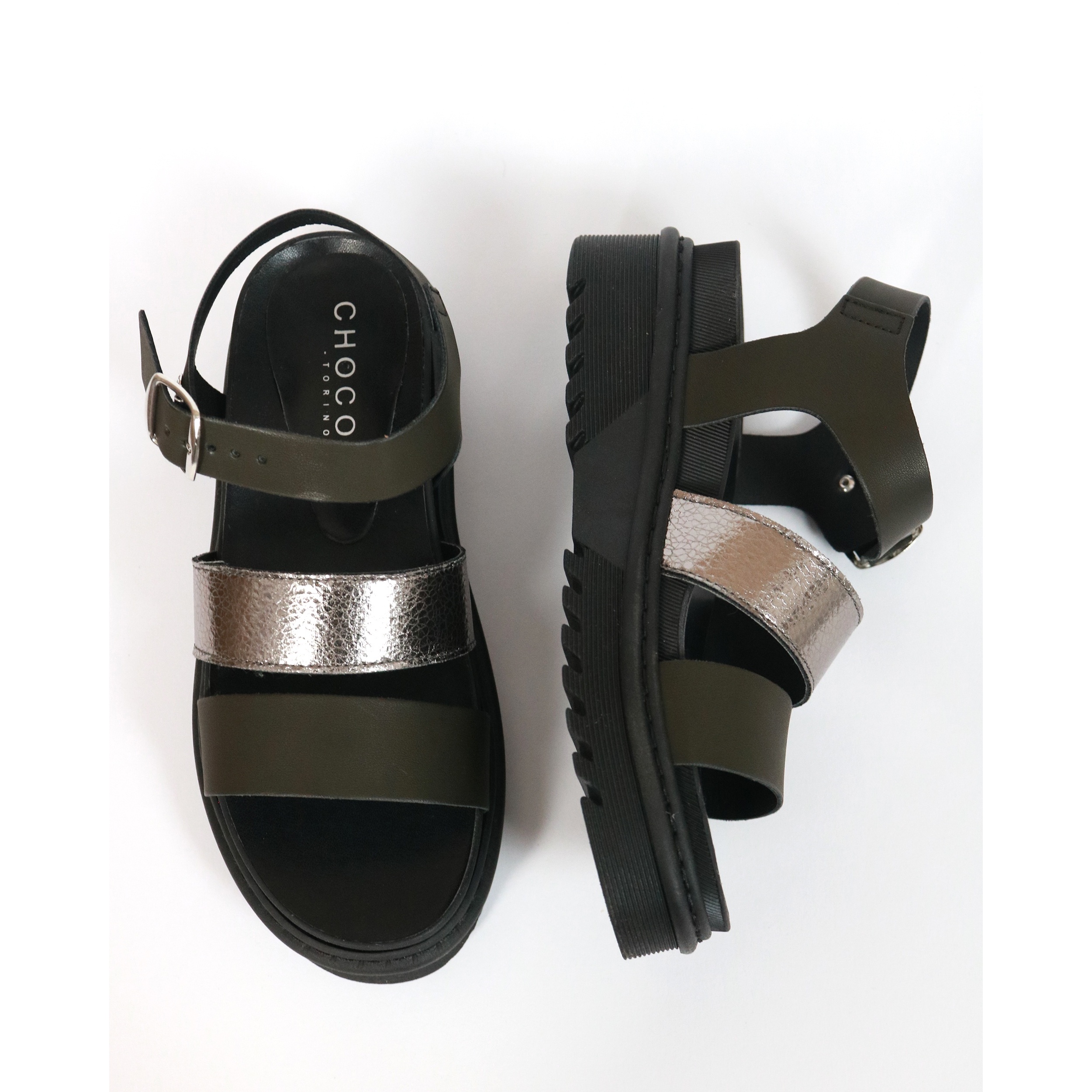 SANDALO FLATFORM TRE FASCE CHOCOLA' NERO