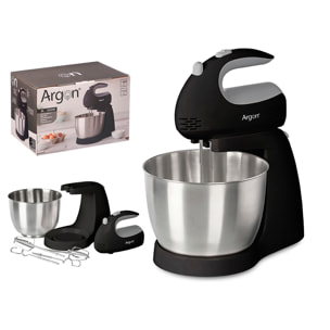 Impastatrice nera con ciotola da 3L. 5 velocità e 300W. Include accessori per montare e impastare.