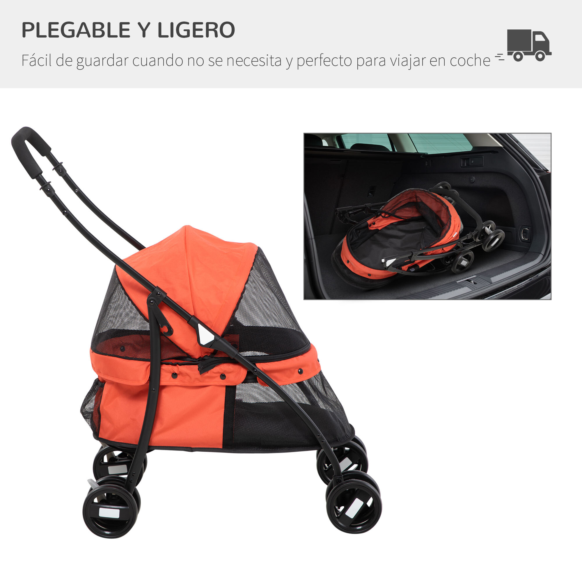 Cochecito para Mascotas Plegable Carrito para Perros y Gatos con Ventanas de Malla Cojín Lavable Correas de Seguridad Cubierta de Tela Oxford y Marco de Acero 82x47x97 cm Rojo