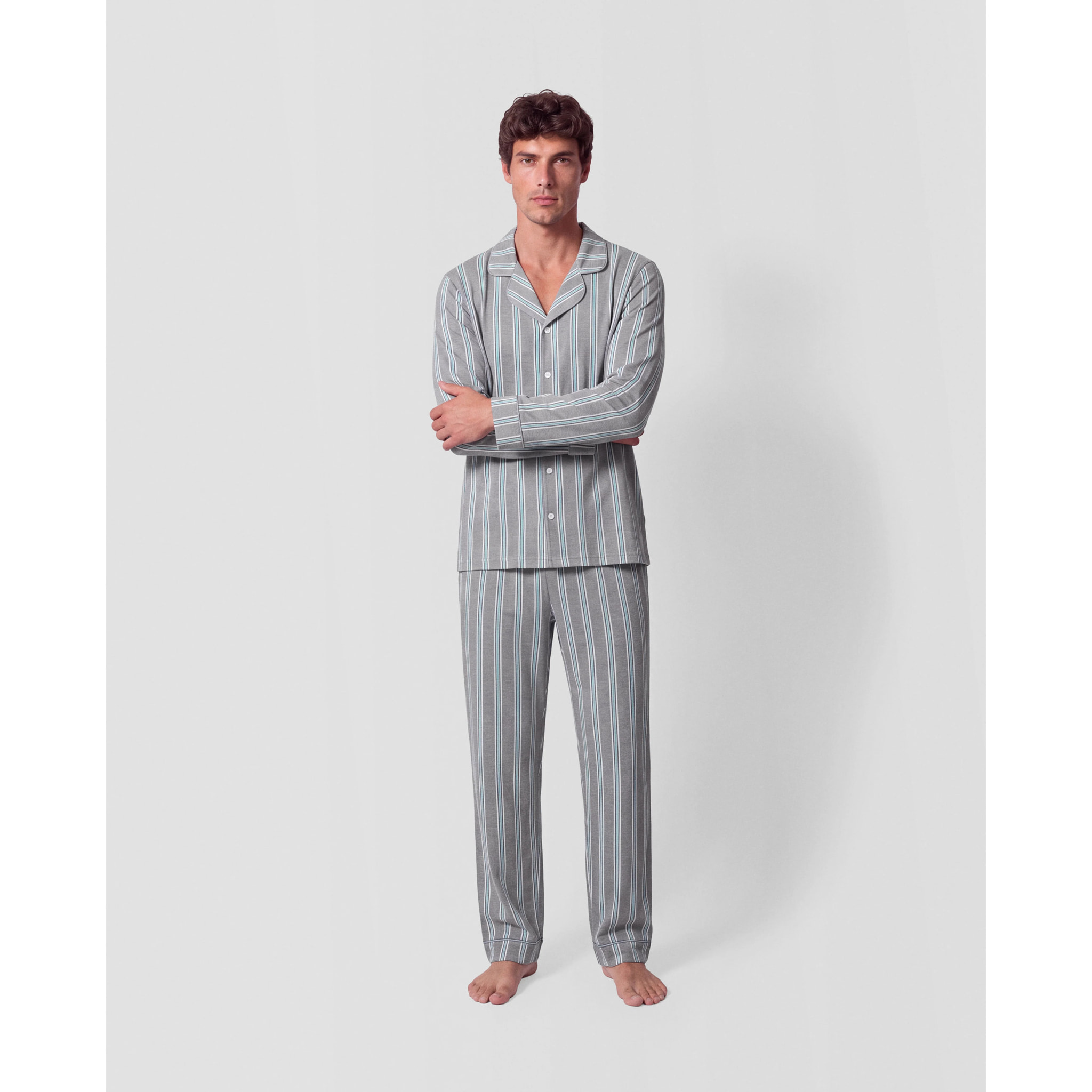 Pijama largo camisero algodón raya talea azul verde
