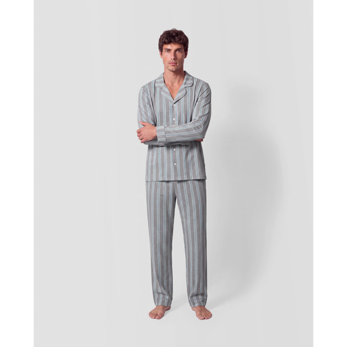 Pijama largo camisero algodón raya talea azul verde