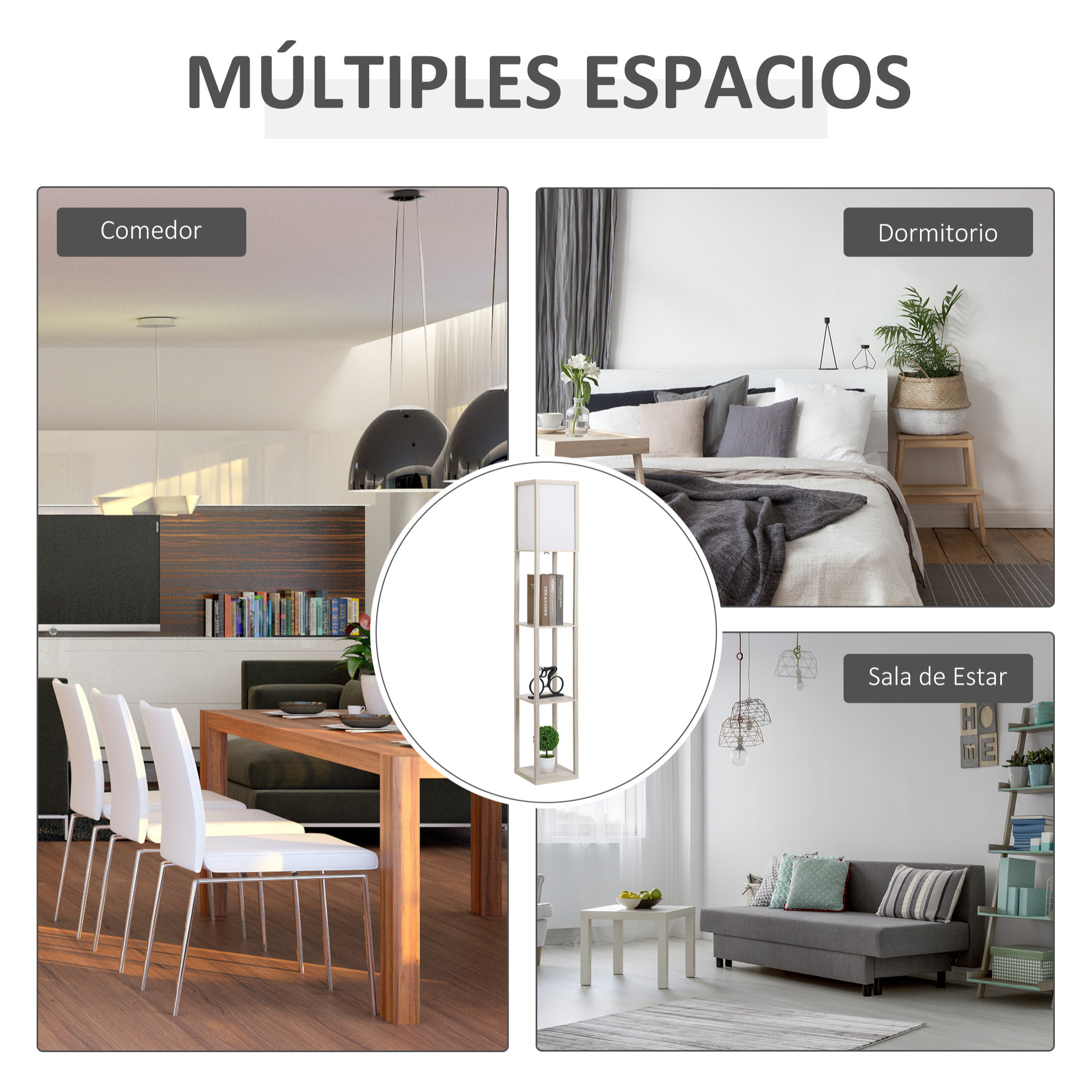 Lámpara de Pie de Madera con 3 Estantes de Almacenaje para Bombilla E27 Potencia Máx. 40W Lámpara Moderna para Salón Dormitorio 26x26x160 cm Roble y Blanco