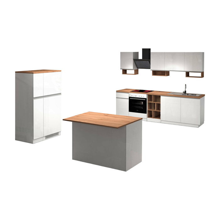 Cucina completa Armend, Set con dispensa, Mobile per cucinotto, Kit blocco con isola e portafrigo, 100% Made in Italy, Bianco lucido e Rovere