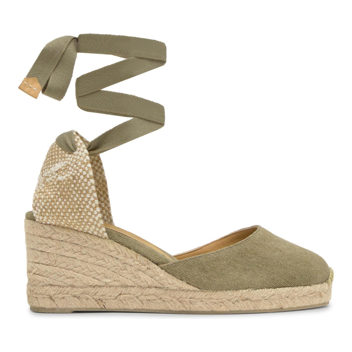Alpargata de cuña 6 cm en lona de algodón con cintas al tobillo y talonera trenzada