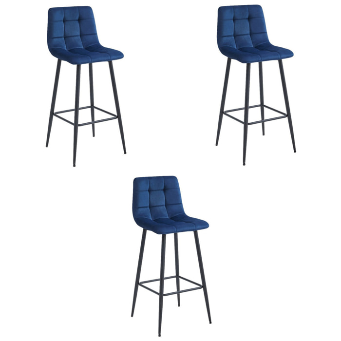 Set di 3 Sgabelli Bar Arceto in Velluto Blu e Metallo Nero