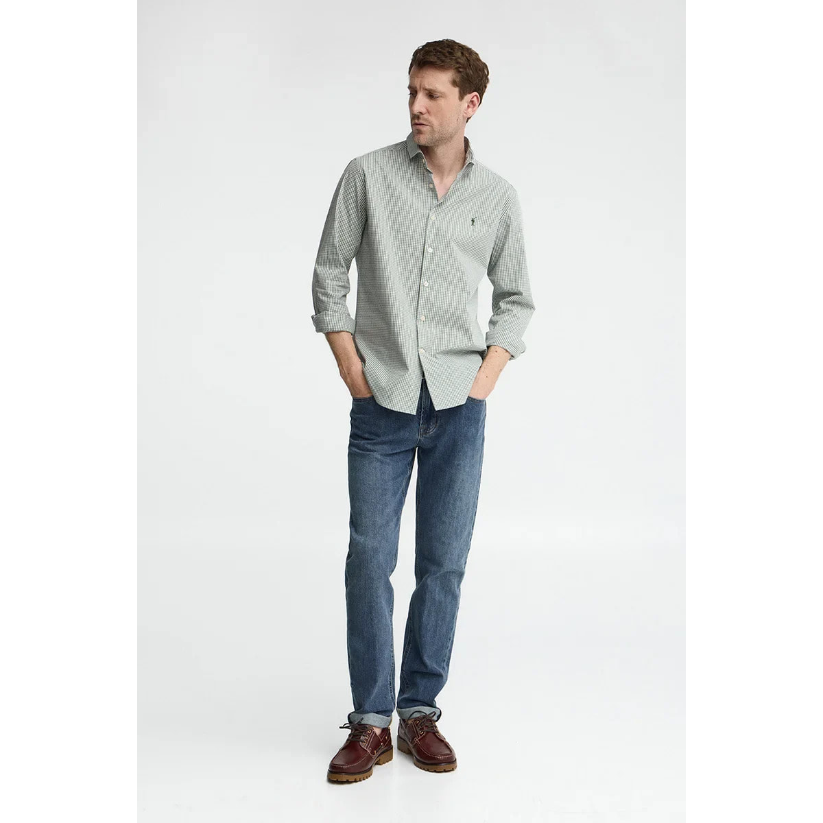 Camisa vichy verde de corte slim con logo Rigby Go