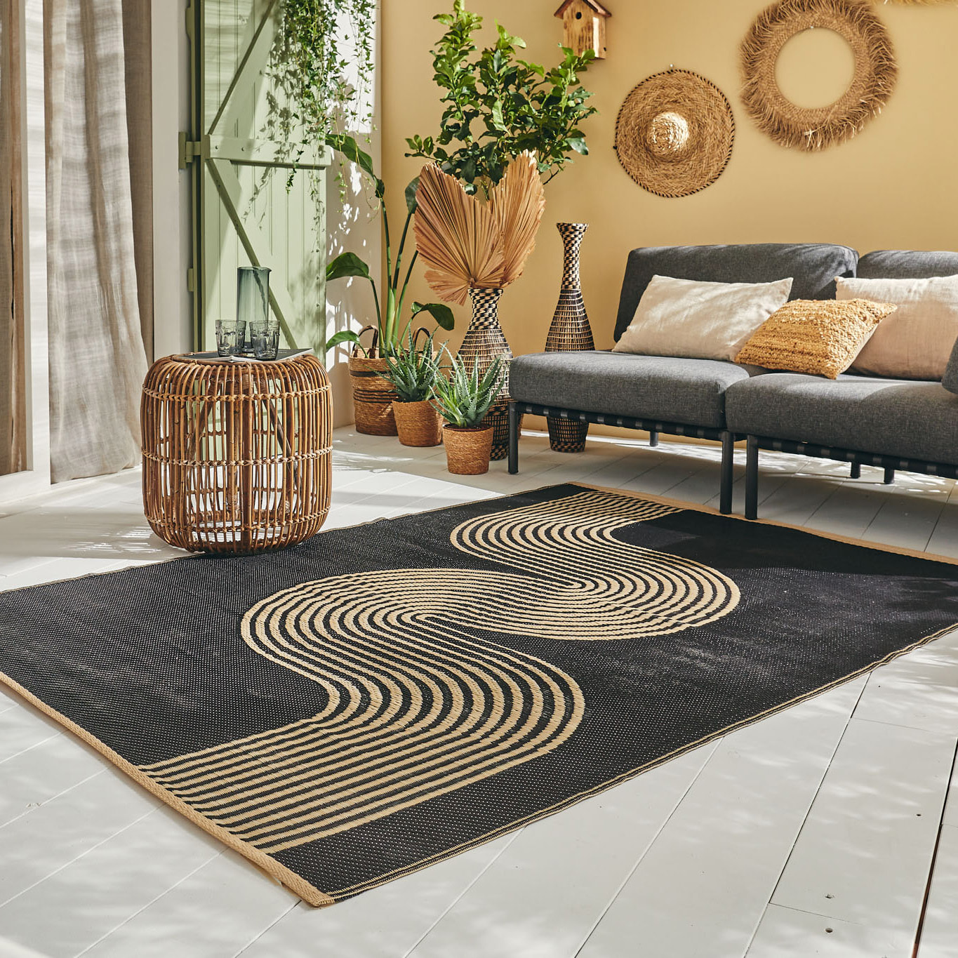 CAPRI - Tapis d'extérieur à motif vague - Noir