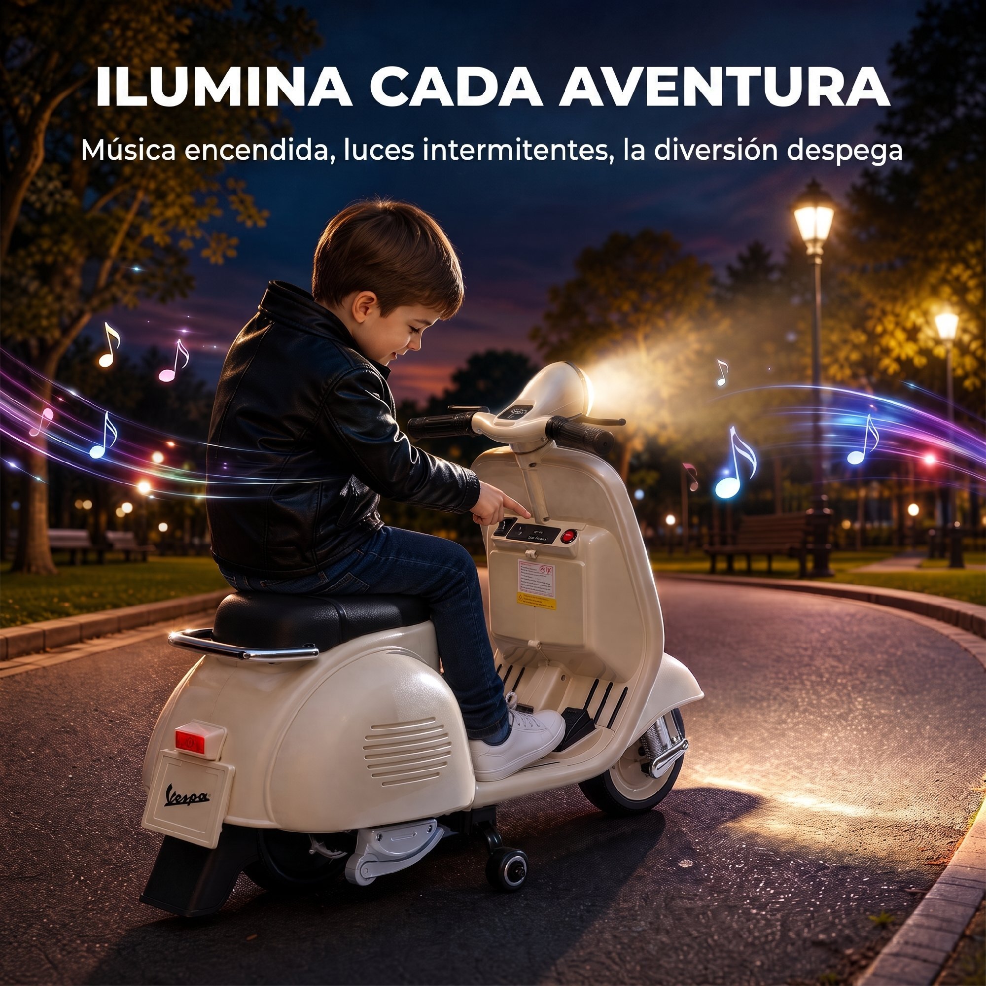 Moto Eléctrica para Niños Licencia VESPA 6V, Moto Eléctrica Infantil con Arranque Suave, Ruedines Desmontables, Luz Delantera, Música, Bocina, USB, Avance, Atrás, para Niños +3 Años, Blanco