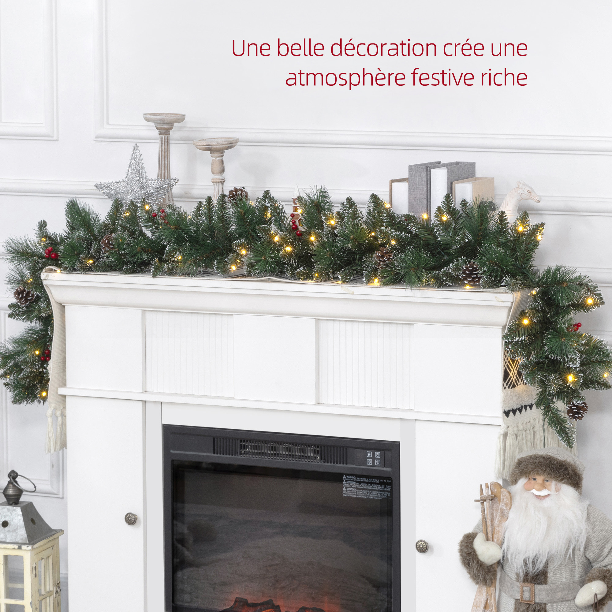 Guirlande de Noël artificielle LED 180 cm - pommes de pin, baies rouges, 50 LED blanc - vert