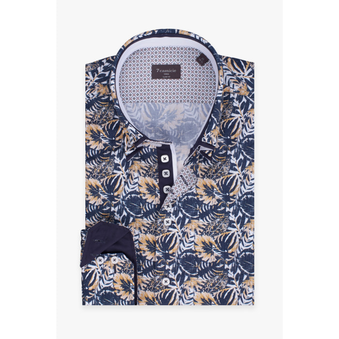 Camicia Uomo 2 Bottoni Button Down 7bottoni Doppio Coll Popeline Stampato Blu e Arancio Chiaro