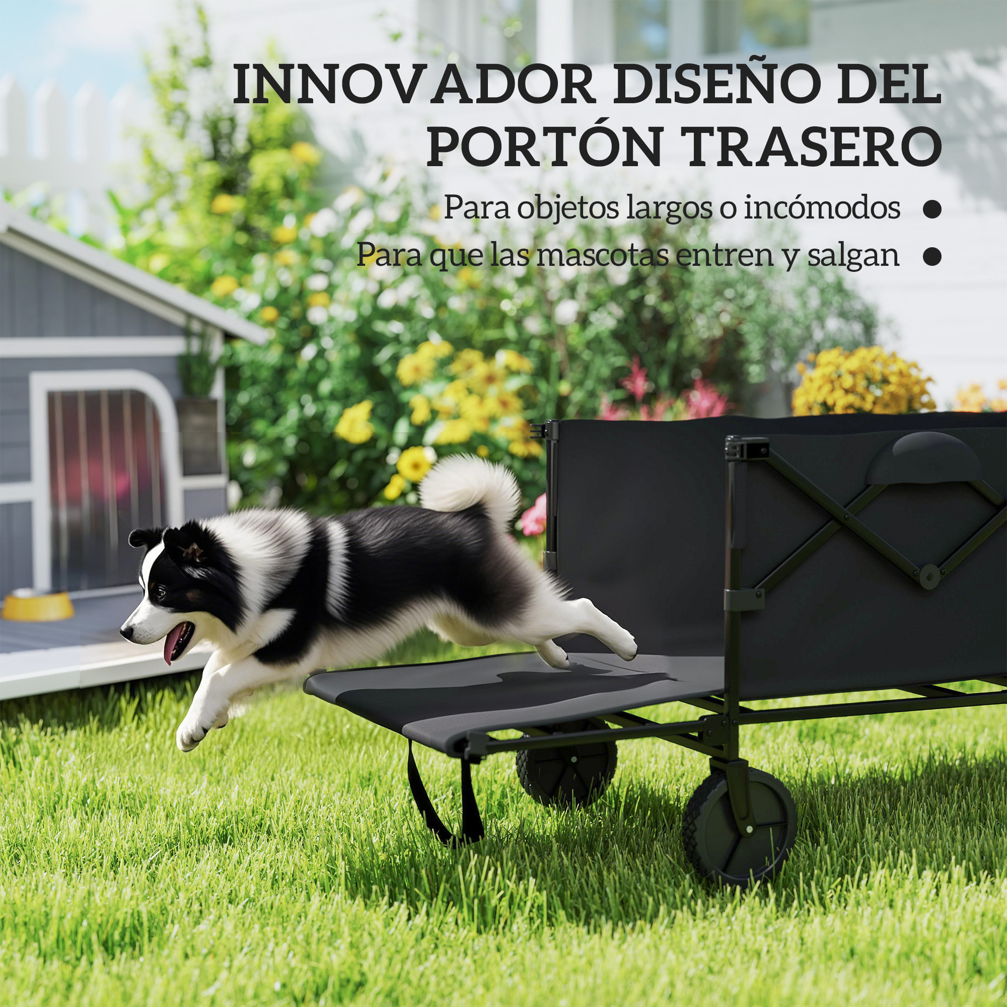 Carro Playa Ruedas Grandes Carro de Jardín Plegable con Mango Telescópico Ajustable Puerta Trasera Expandible Carga 100 kg Carrito Transporte para Todo Terreno Jardín Campaña Compra Negro