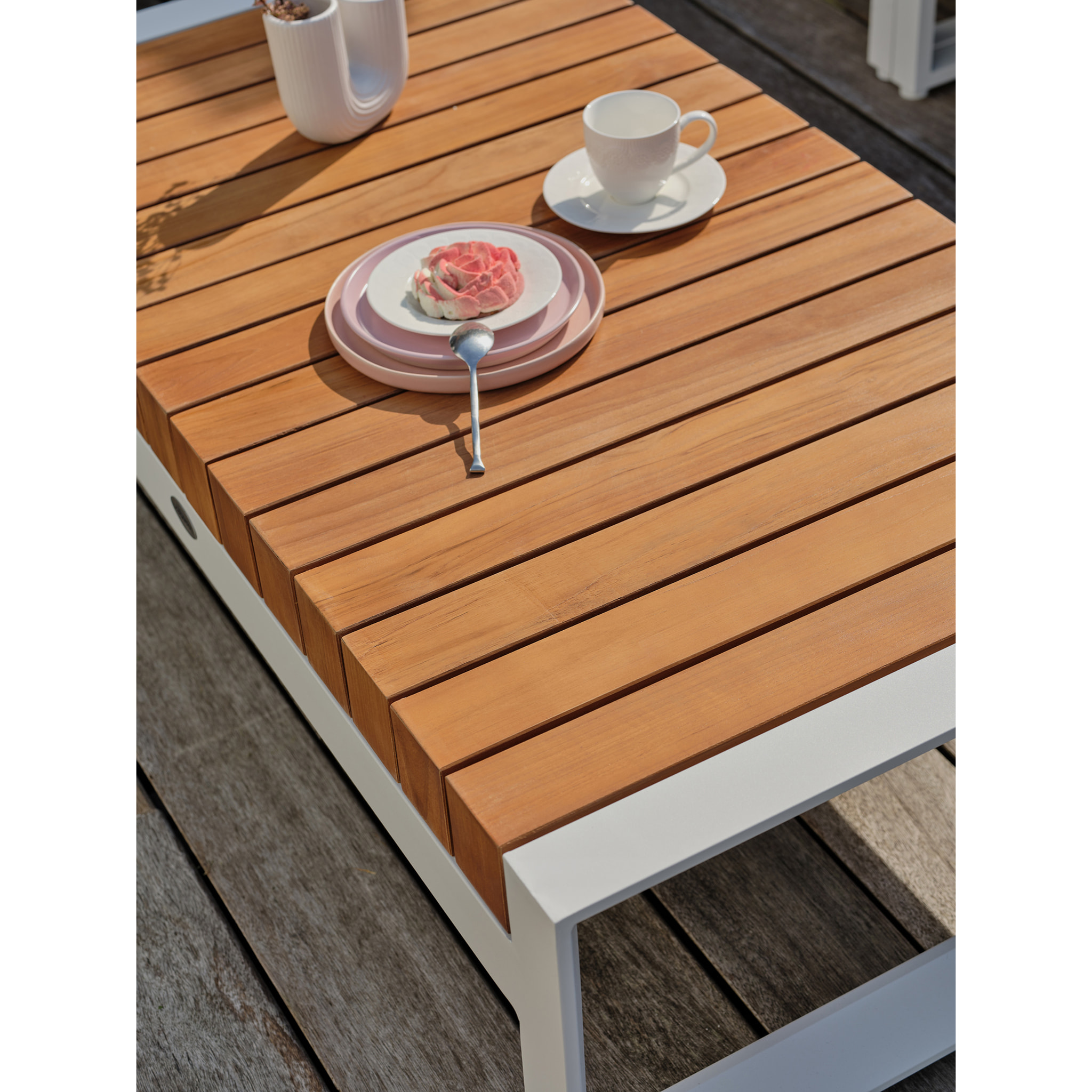 VALENCIA - Salon de jardin d'angle 6 places en teck et aluminium blanc