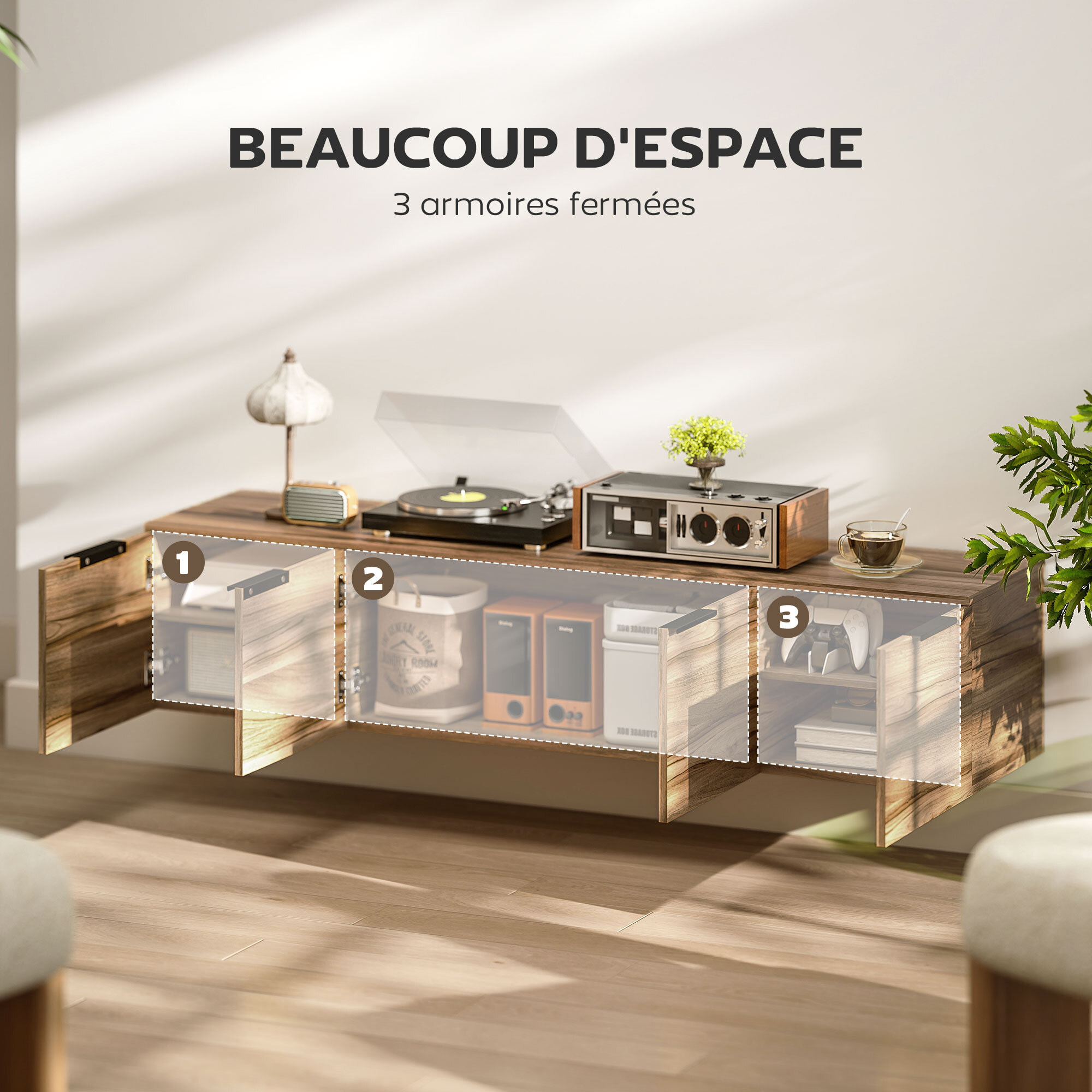 Meuble TV suspendu flottant design effet bois de noyer 4 portes 2 étagères dim. 150 x 35 x 32 cm