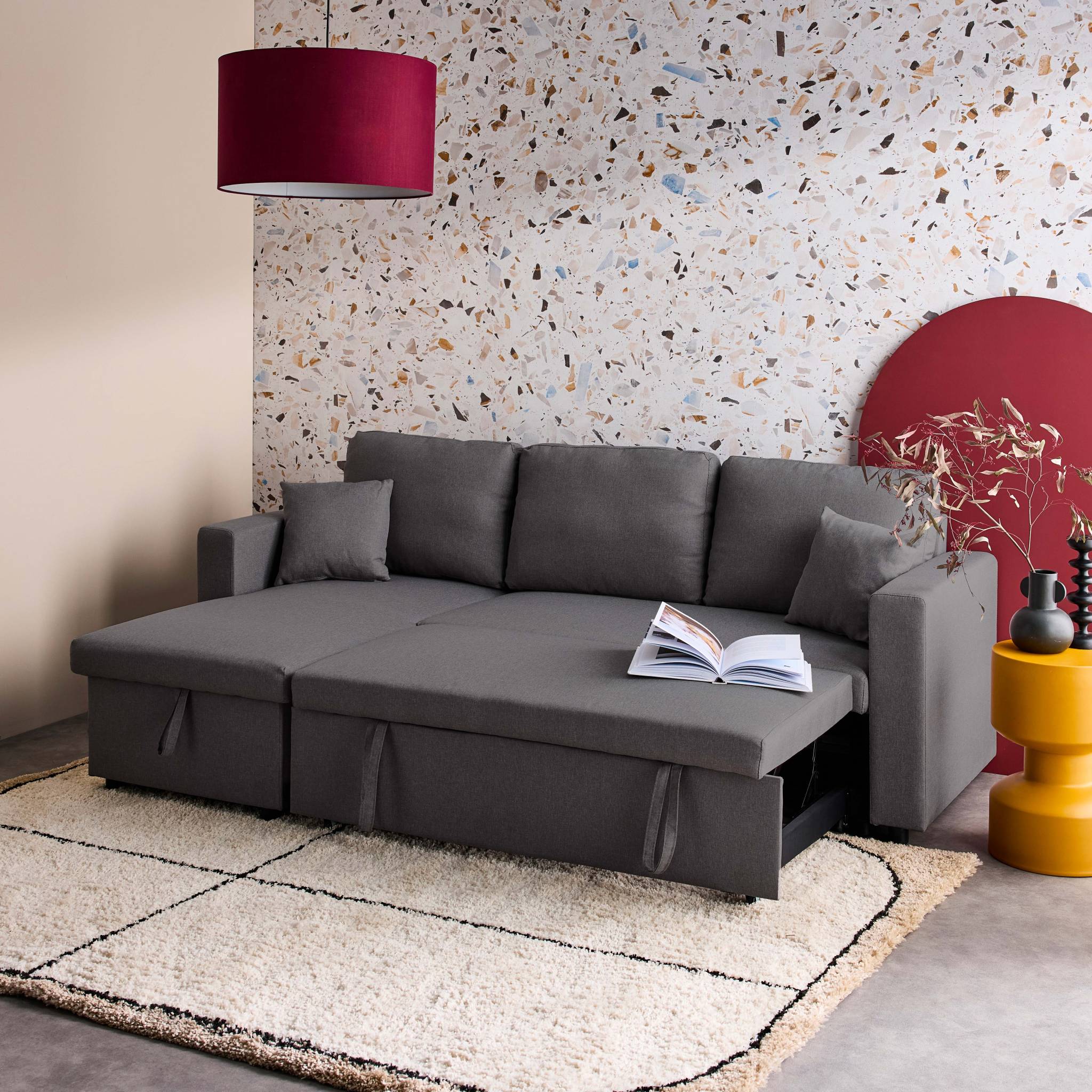 Canapé d'angle SMILE convertible réversible compact 3 places en tissu gris foncé. L 213.5 x P 136.5 x H 83cm. avec coffre de rangement