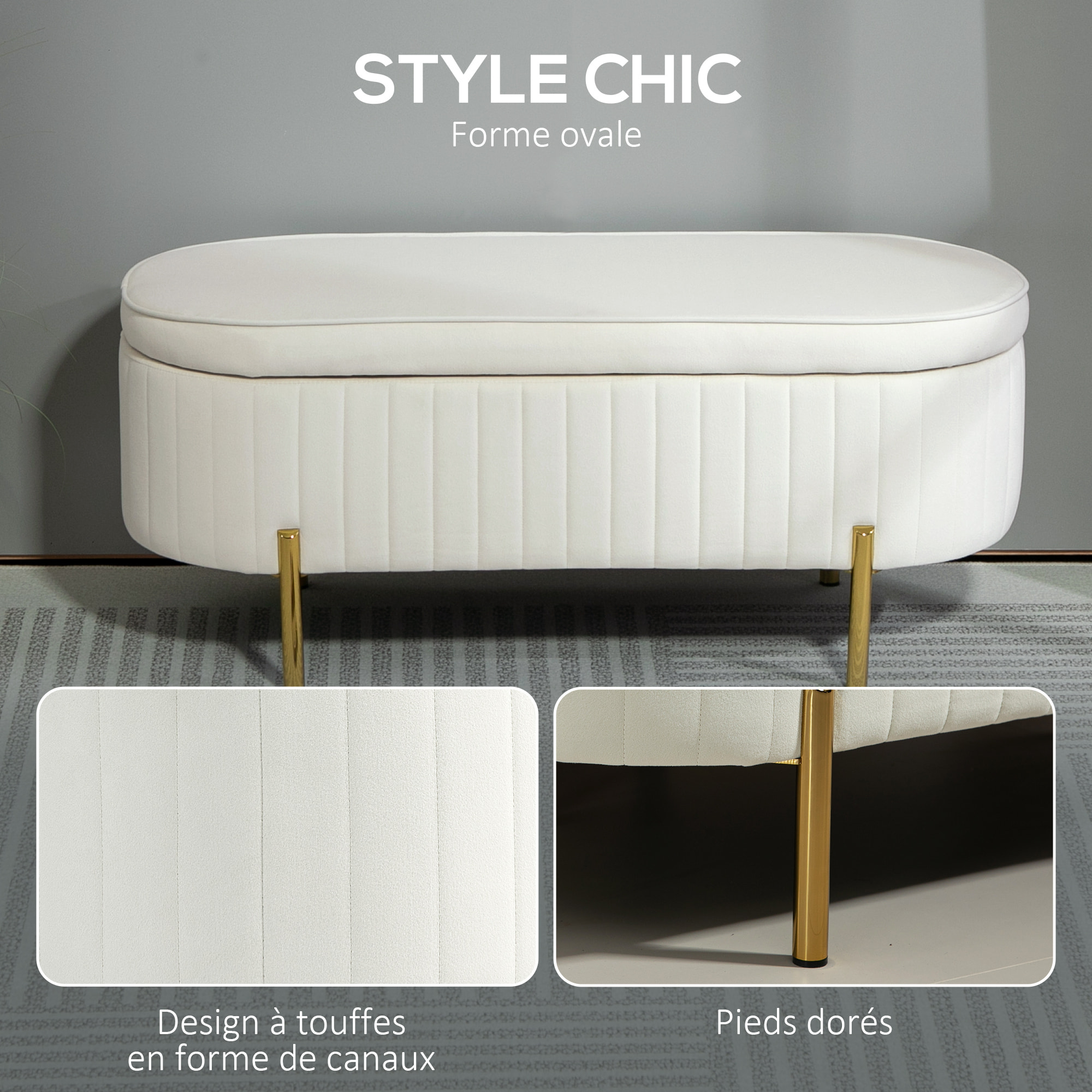 Banquette coffre 2 en 1 design ovale dim. 108x44x43cm velours crème