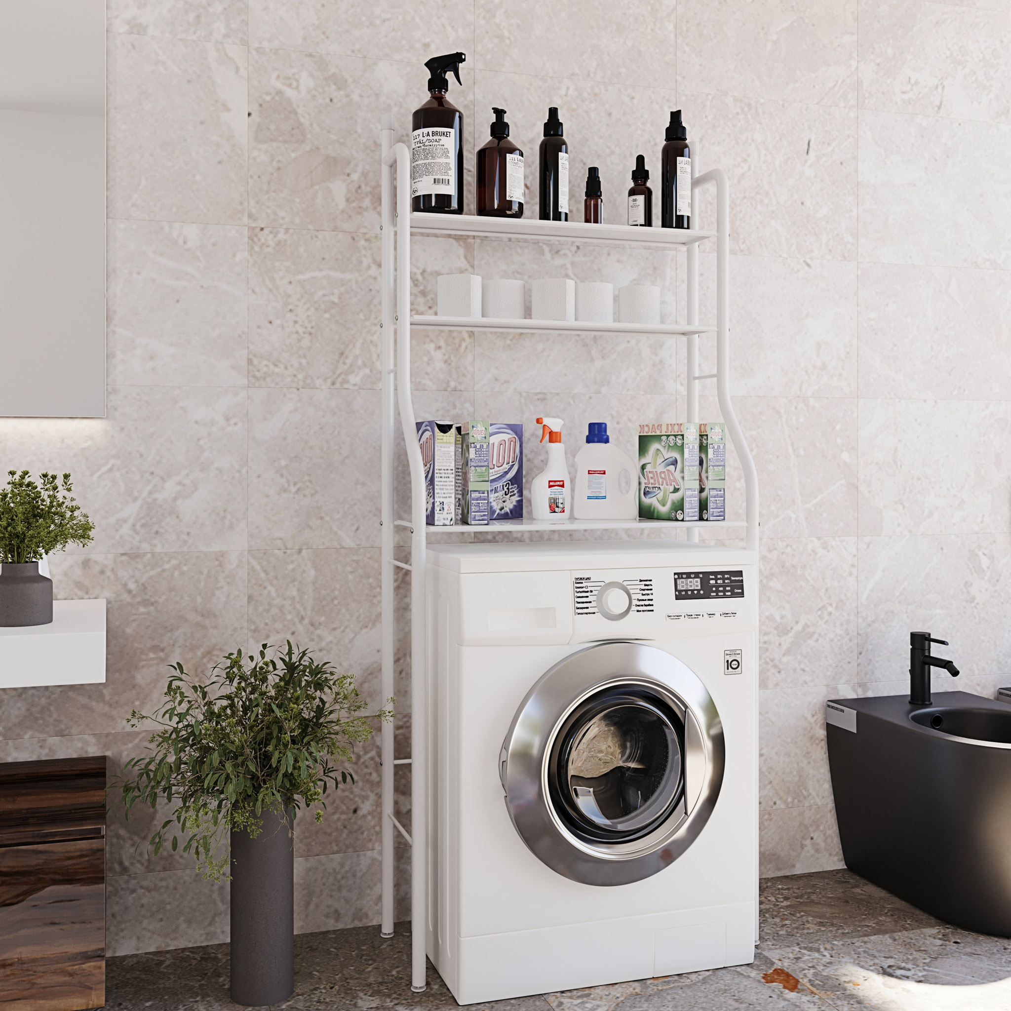 Scaffale Bagno 3 Mensole Ripiano Superiore Mobile Sopra Lavatrice Lavanderia Salvaspazio Ripiani Organizer Da Parete In Metallo 152x65x25 Cm Bianco