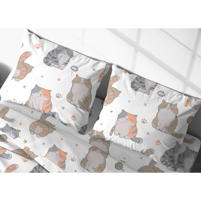 Completo Lenzuola In 100% Cotone Disegno Gatti 25