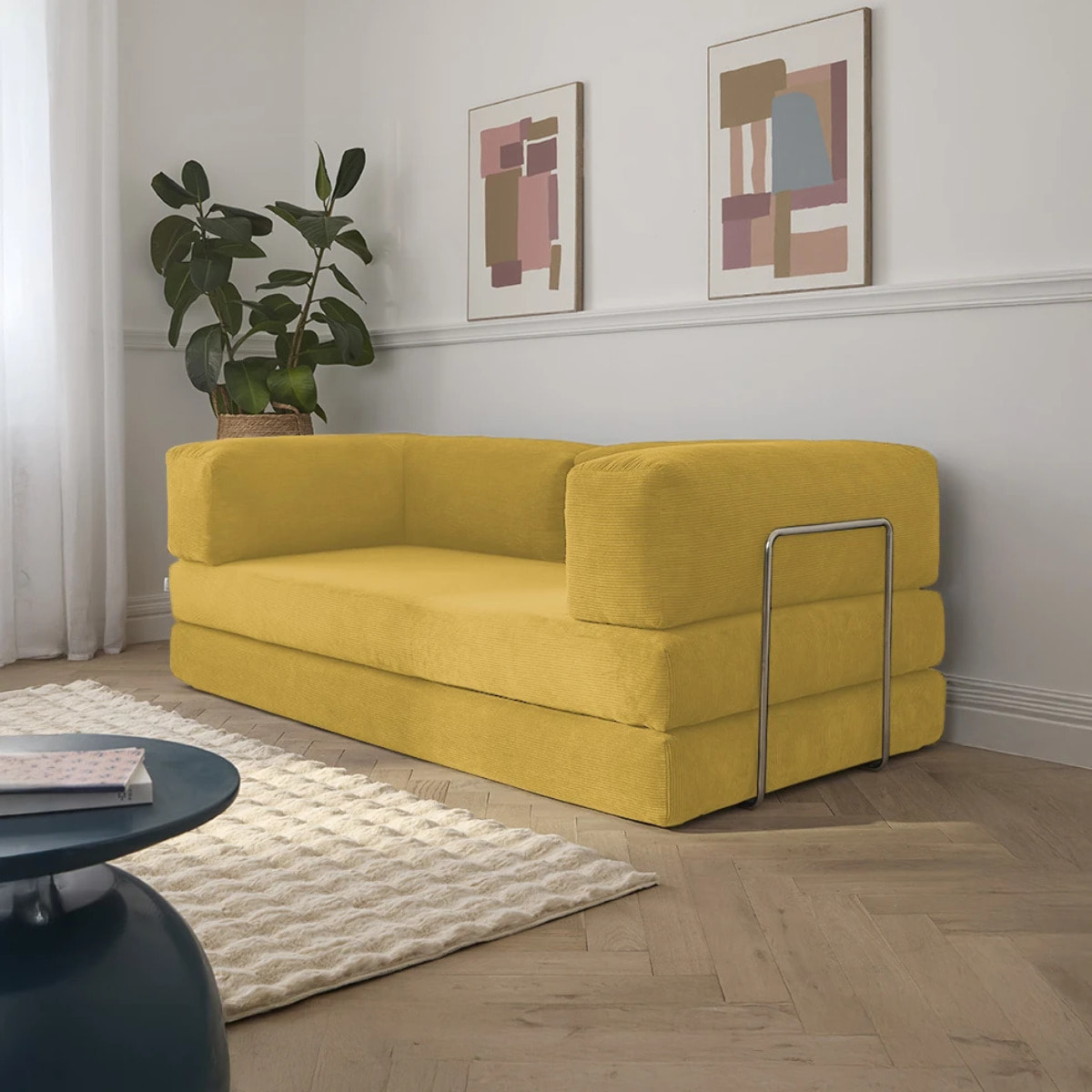 TRENDY - Canapé compressé 3 places modulable en velours côtelé jaune