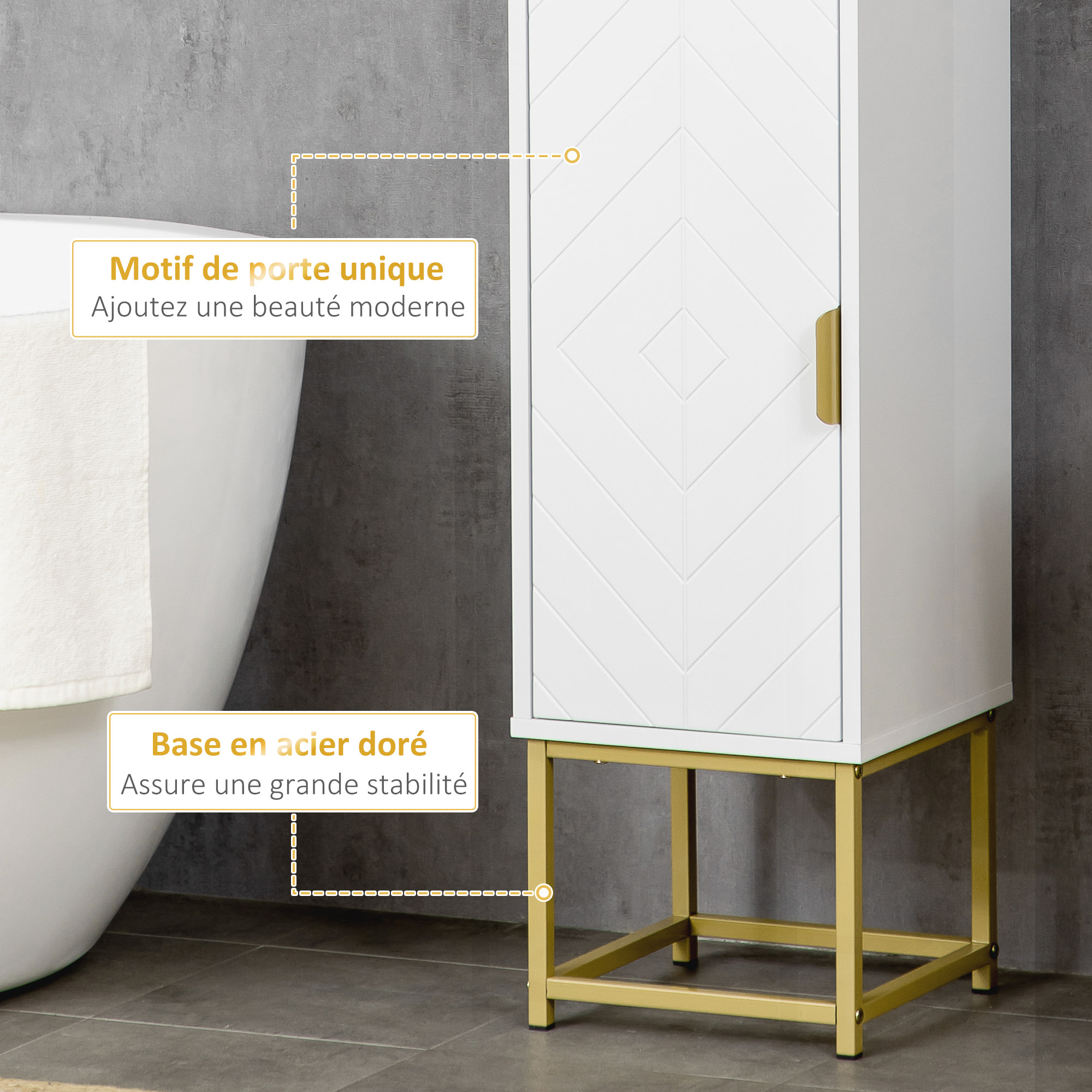 Meuble colonne rangement salle de bain design - 2 portes, 2 étagères, niche - acier doré MDF blanc