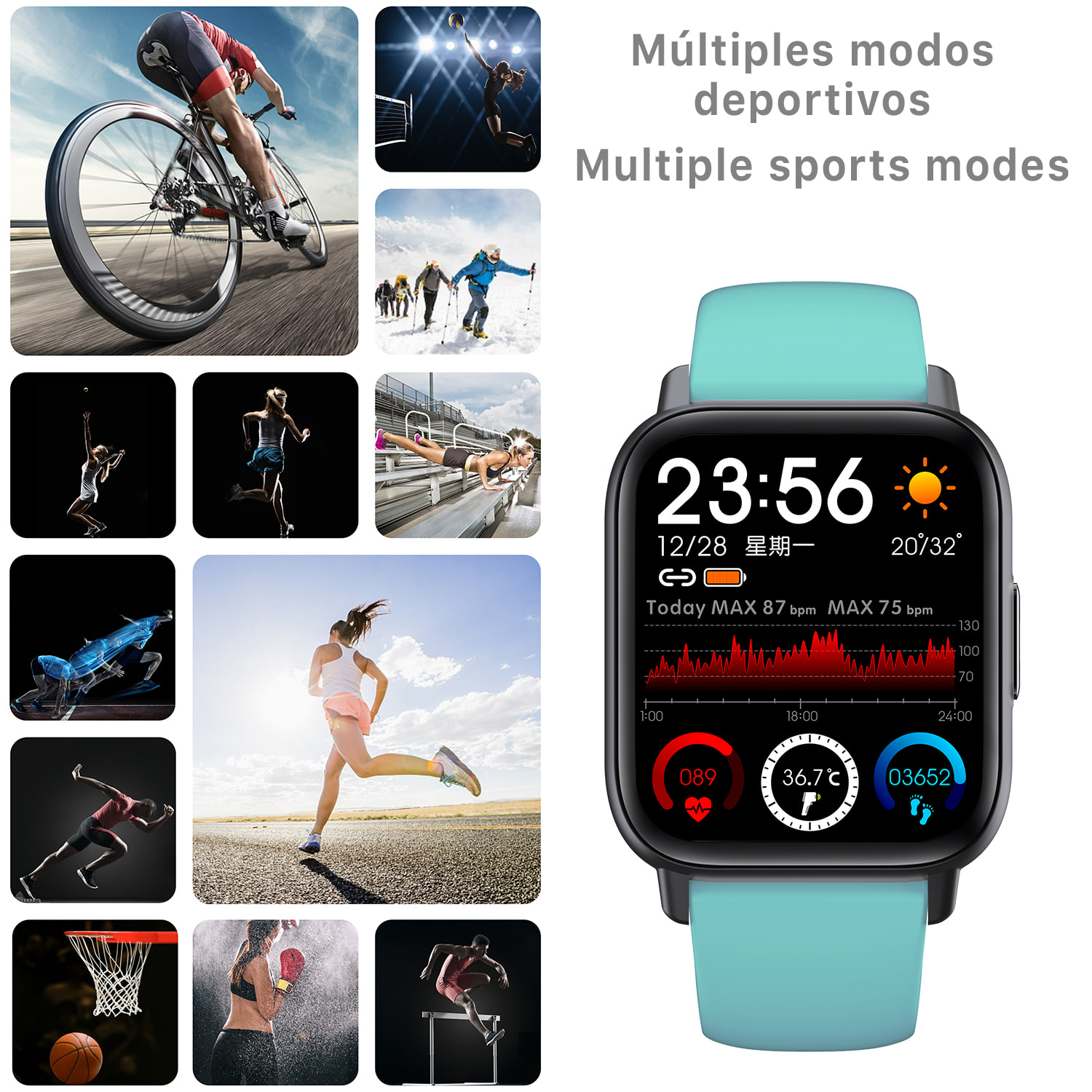 Smartwatch QS16 con termómetro corporal, monitor de tensión y O2. 24 modos deportivos, notificaciones de apps.