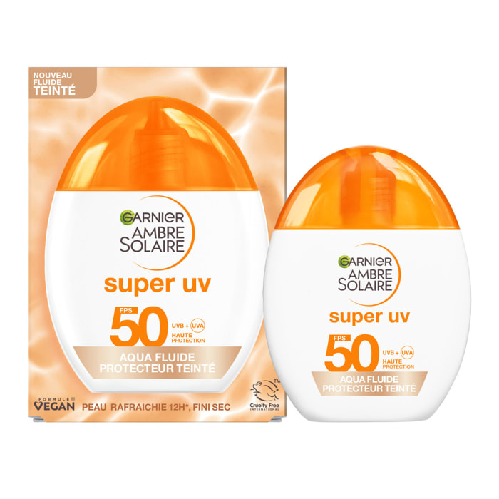 Garnier Ambre Solaire Super UV Visage Aqua Fluide SPF50 Teinté - Acide Hyaluronique - 40ml