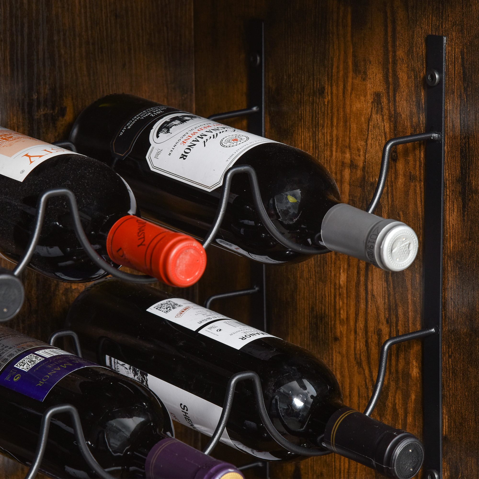 Casier à vin design industriel étagère à bouteilles 9 bouteilles support verres à vin intégré métal noir aspect vieux bois veinage