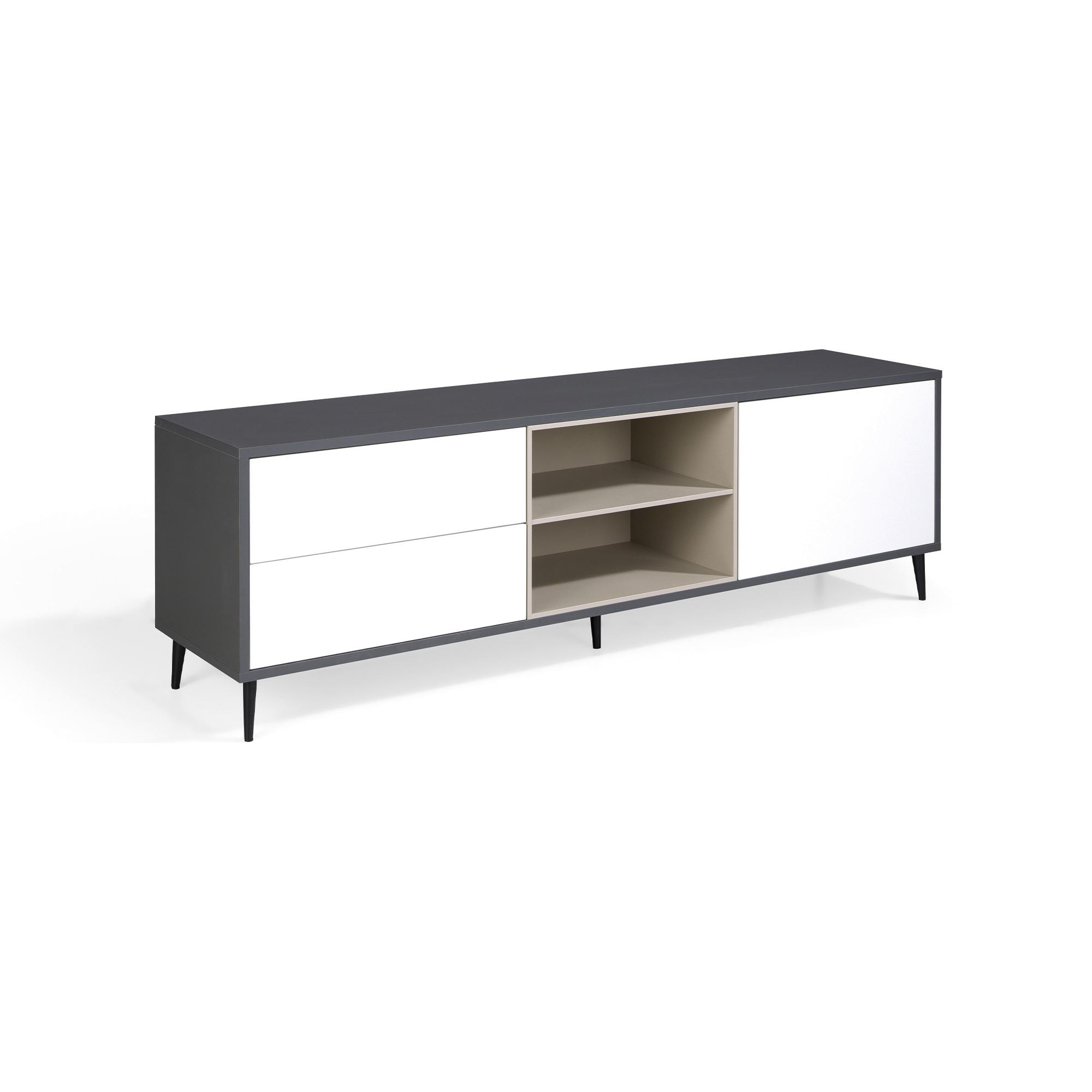 Mueble TV BASILEA - 2 cajones, 2 huecos y 1 puerta - antracita, blanco polar y visón - 180x42x55cm