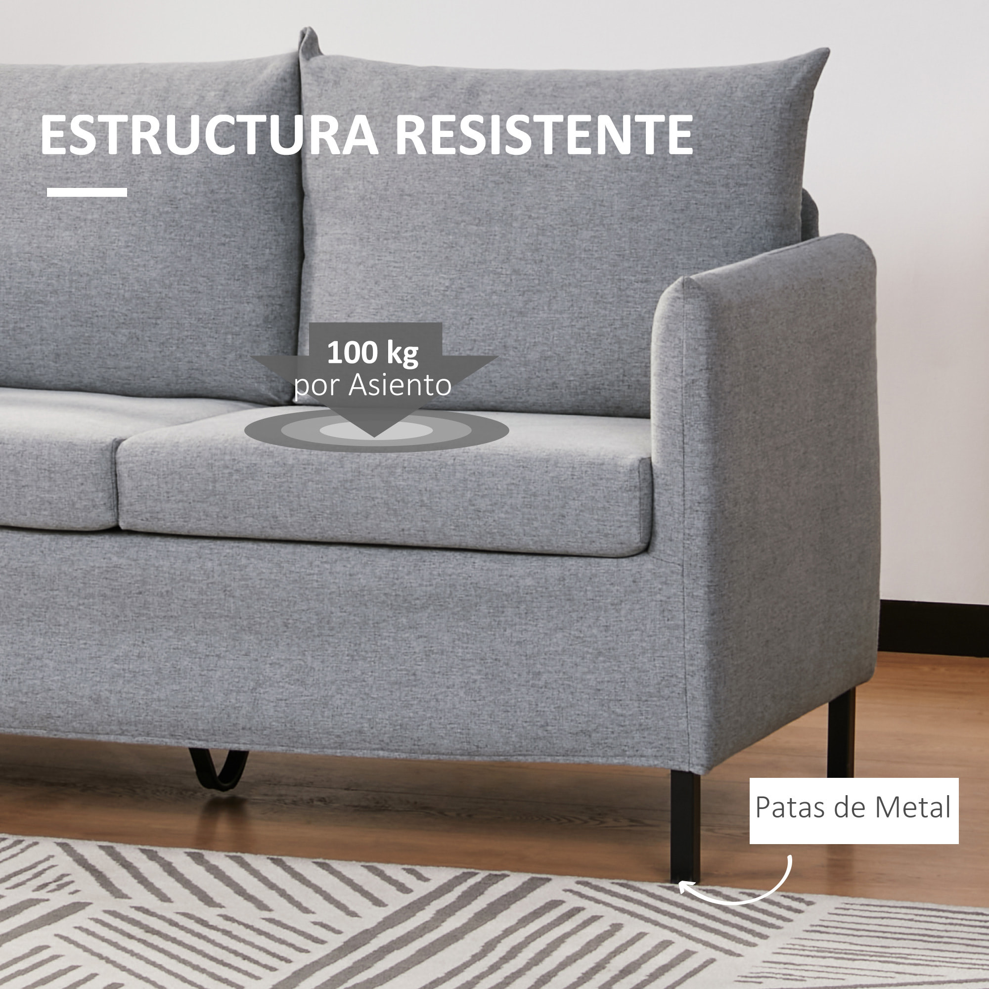 Sofá de 2 Plazas Salón Tapizado en Lino Sintético con Cojines 130x67x76,5cm Gris