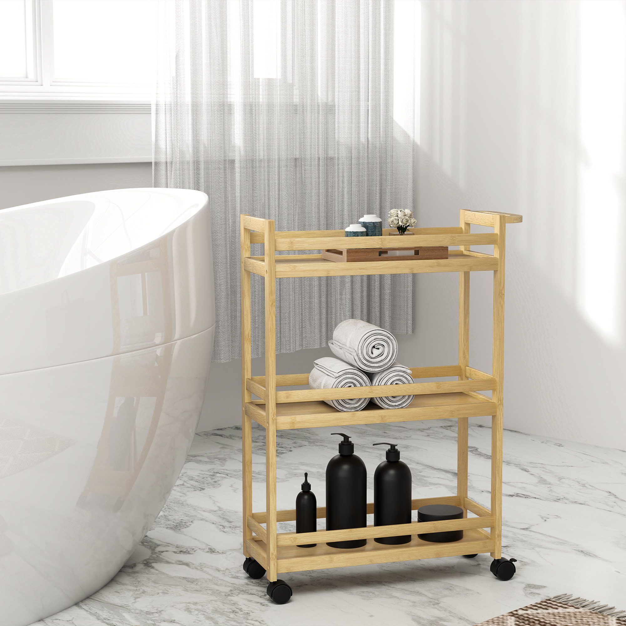 Estantería de Baño de Bambú de 3 Niveles Carrito Auxiliar de Almacenaje con Ruedas para Salón Cocina 55x20x75 cm Natural