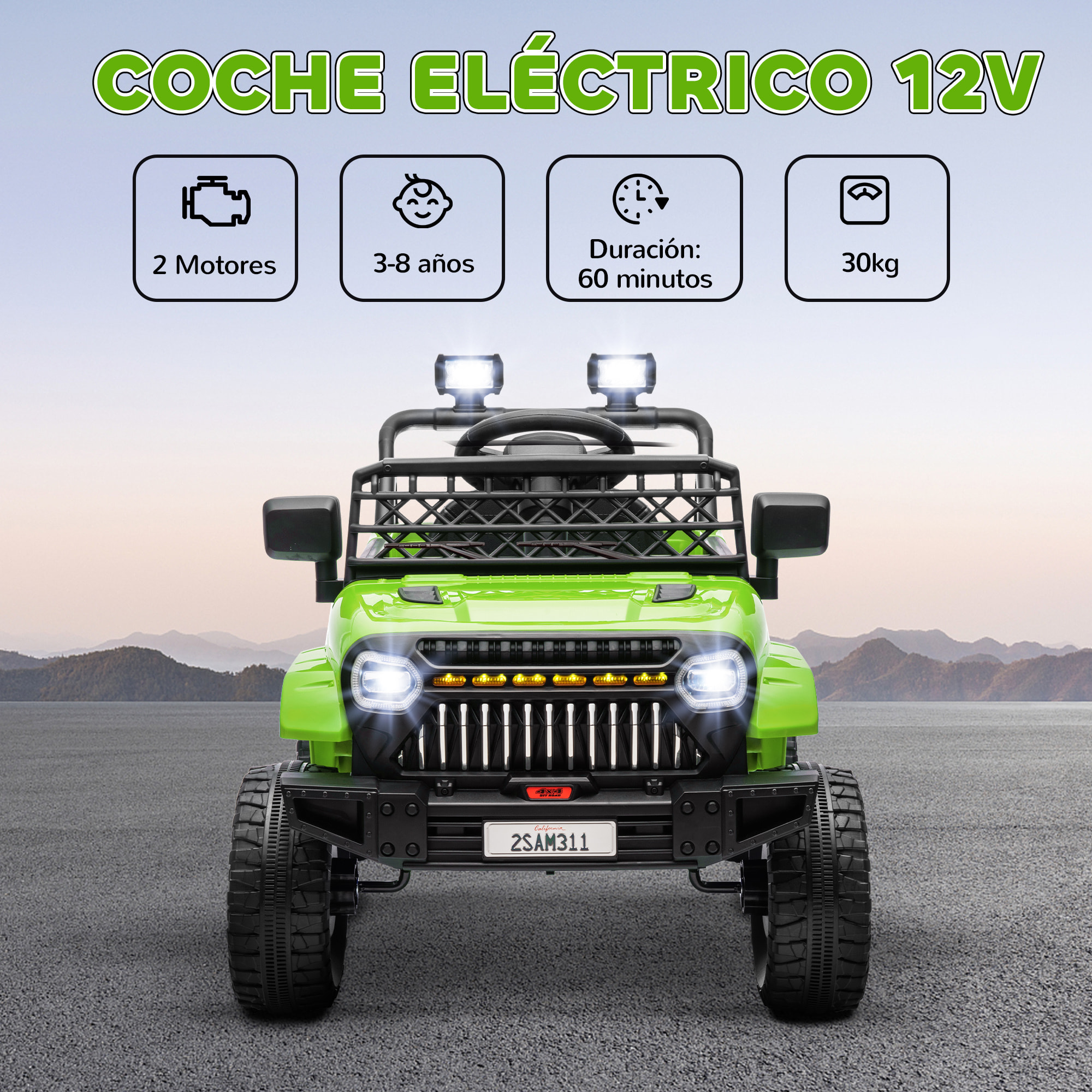 Coche Eléctrico para Niños de +3 Años Coche Eléctrico Coche de Batería 12V con Mando a Distancia Velocidad Ajustable USB Faros Bocina Verde